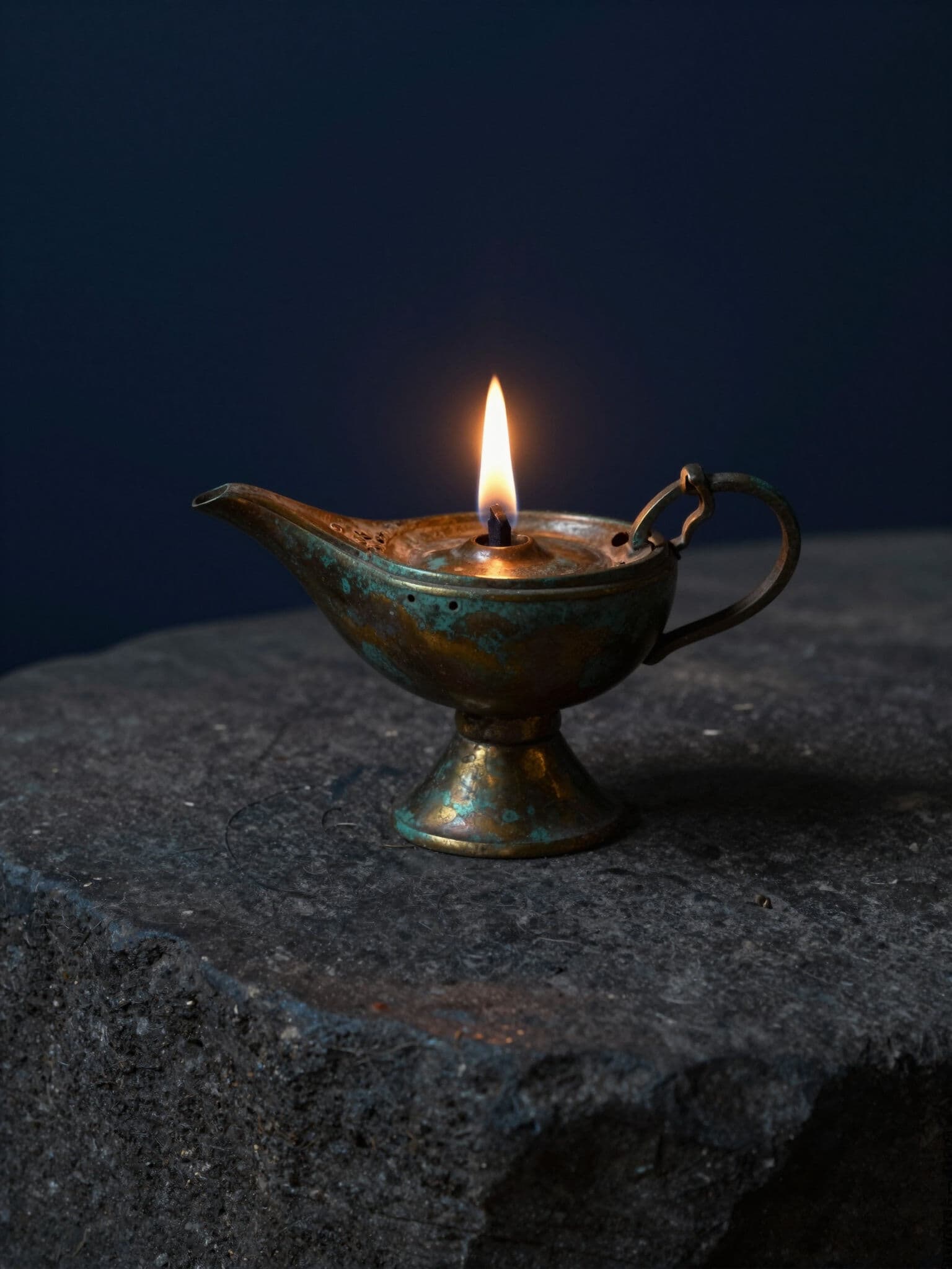 Ancient oil lamp lit on stone — Ask Mode
